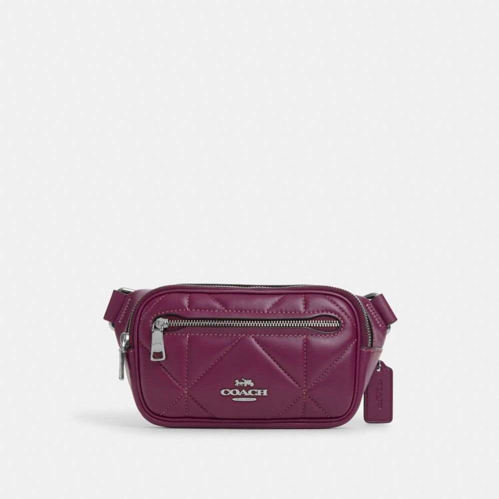 COACH®,MINI BELT BAG WITH PUFFY DIAMOND QUILTING,Novelty Leather,Mini,Silver/Deep Berry,Front View
