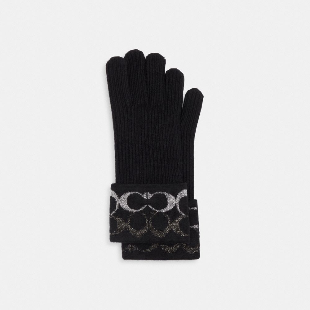 COACH®,Signature Metallic Knit Gloves,Wool,Classic Gloves,Glitter,Logo,Word Embellishment,Casual,Black,Front View