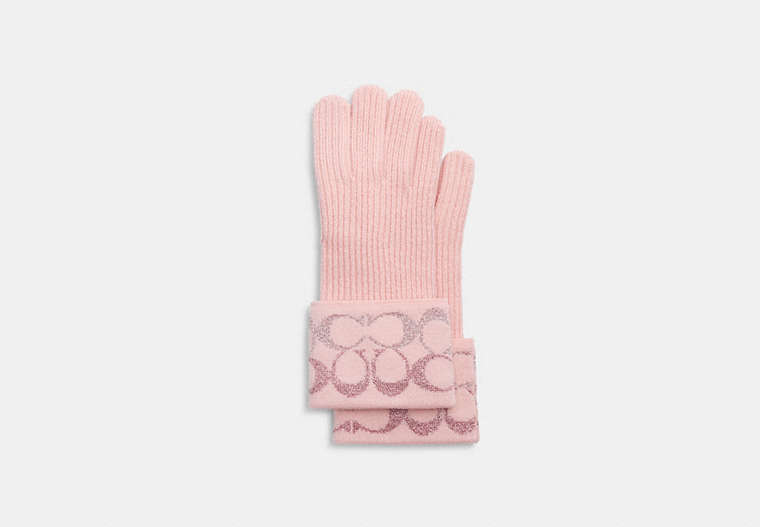 COACH®,SIGNATURE METALLIC KNIT GLOVES,Carnation,Front View