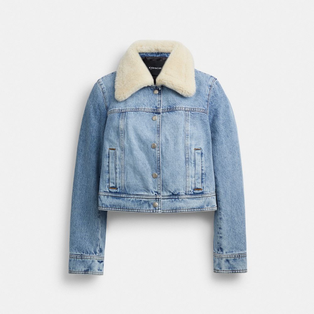 COACH®,SHEARLING COLLAR DENIM JACKET,Blue,Front View