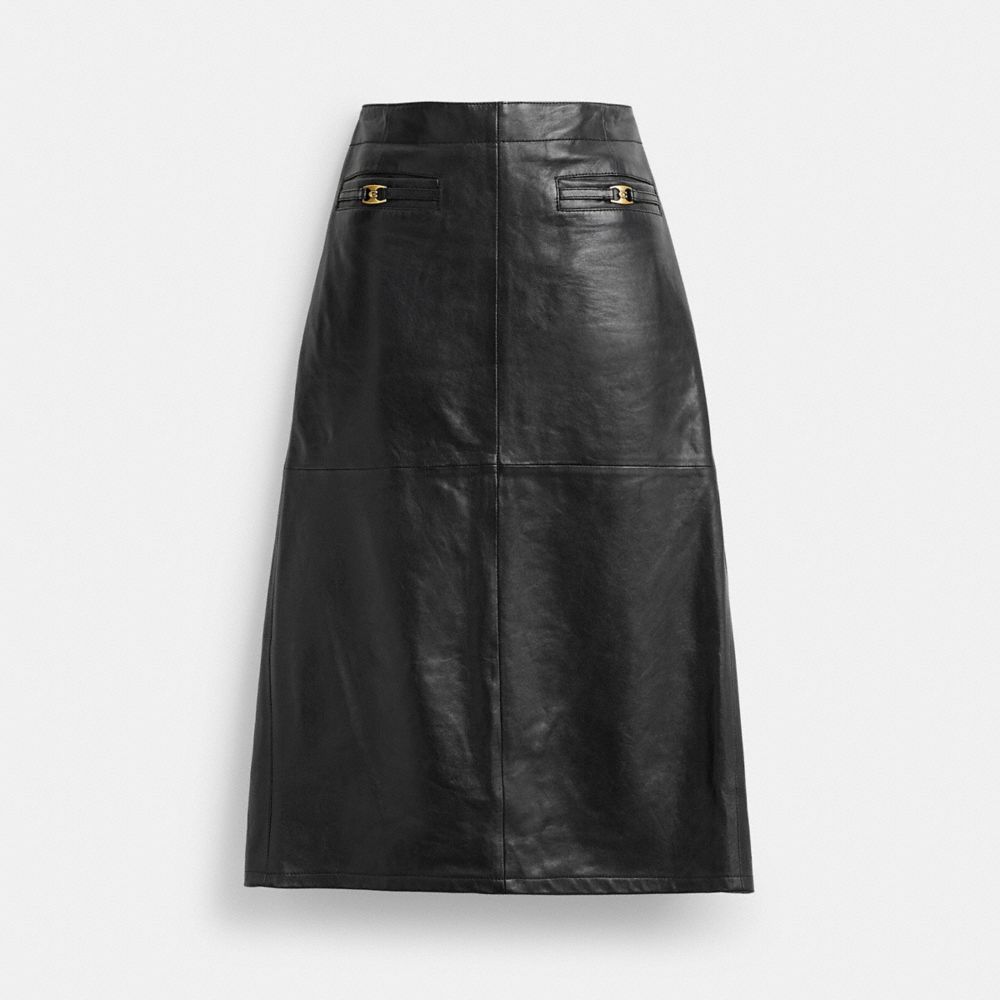 COACH®,HERITAGE C LONG LEATHER SKIRT,The Leather Shop,Black,Front View image number 0