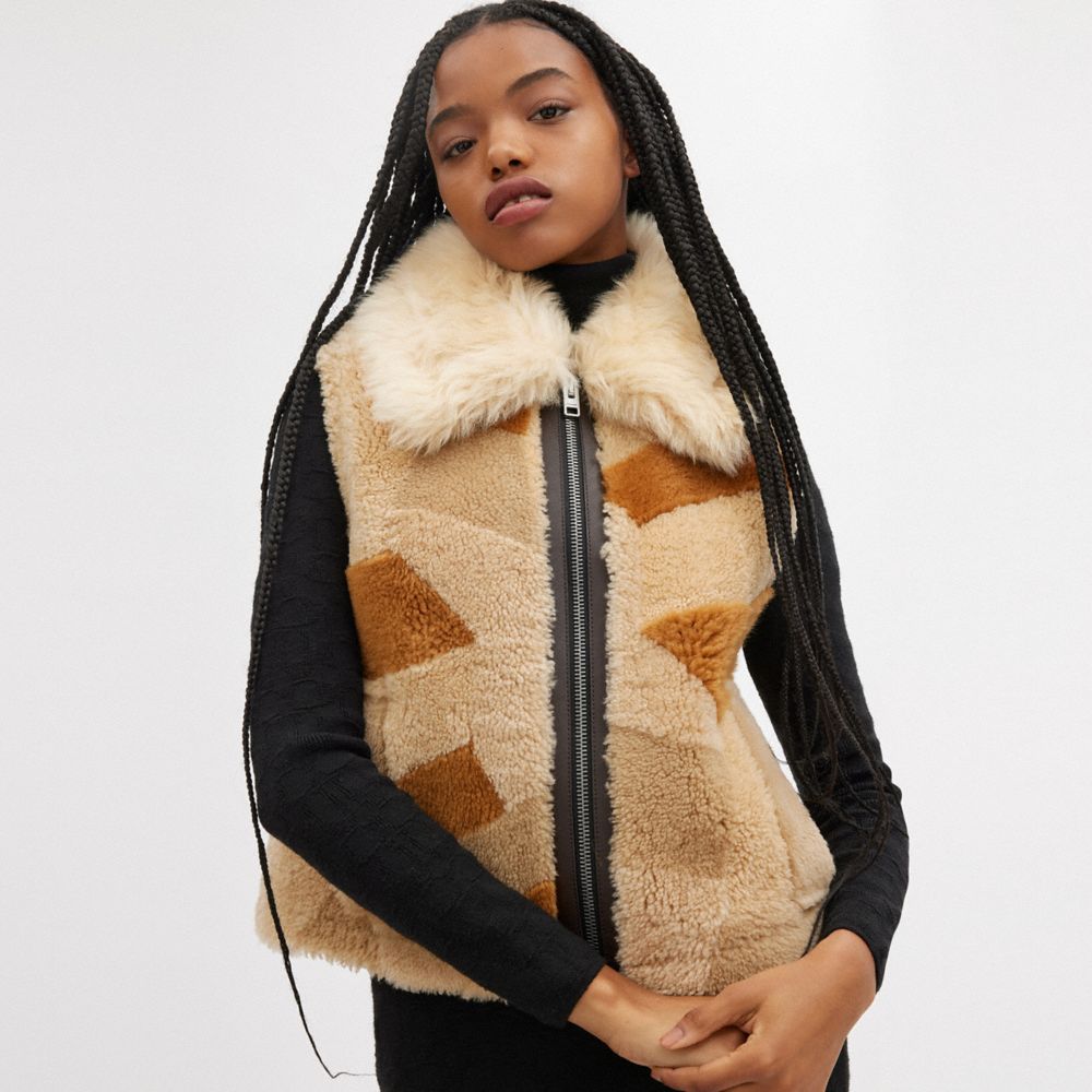 COACH®,Tonal Patchwork Shearling Vest,,Detail View