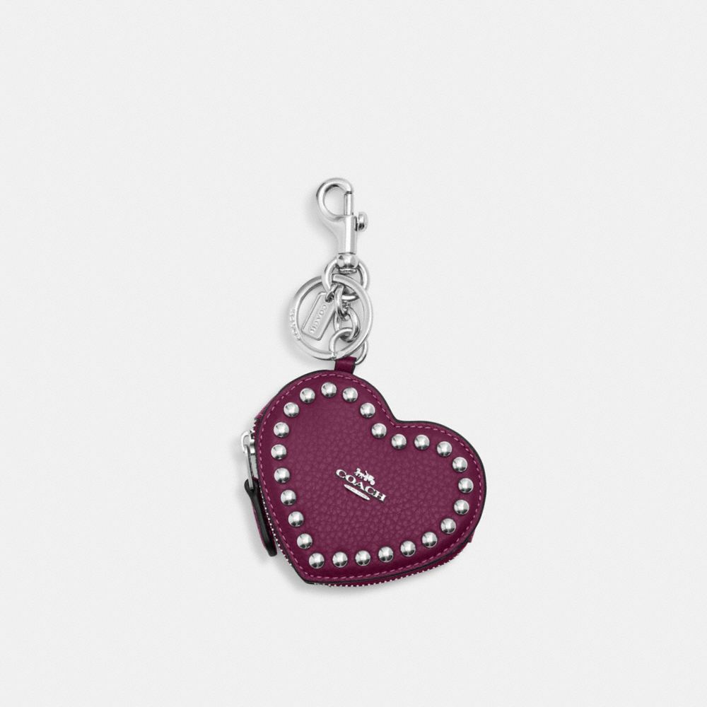 COACH®,HEART POUCH WITH RIVETS,Mixed Material,Silver/Deep Berry,Front View