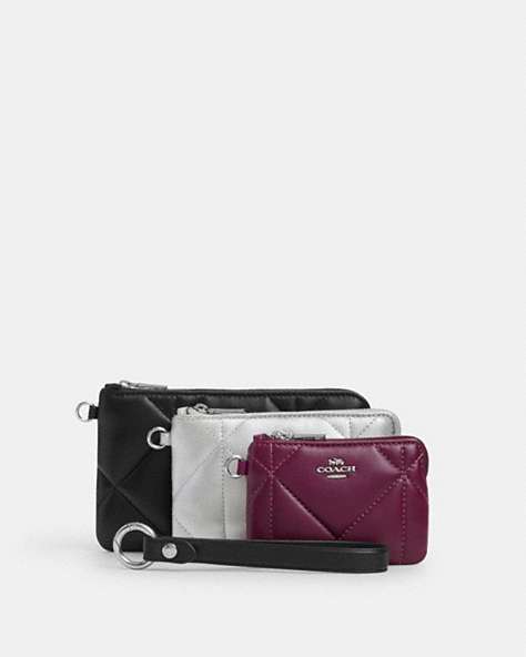 COACH®,CORNER ZIP TRIO WITH PUFFY DIAMOND QUILTING,Leather,Silver/Black Multi,Front View