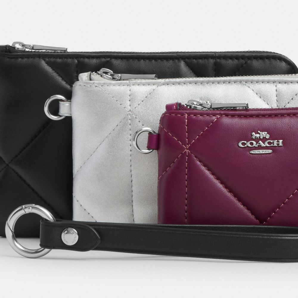 COACH®,CORNER ZIP TRIO WITH PUFFY DIAMOND QUILTING,Novelty Leather,Silver/Black Multi