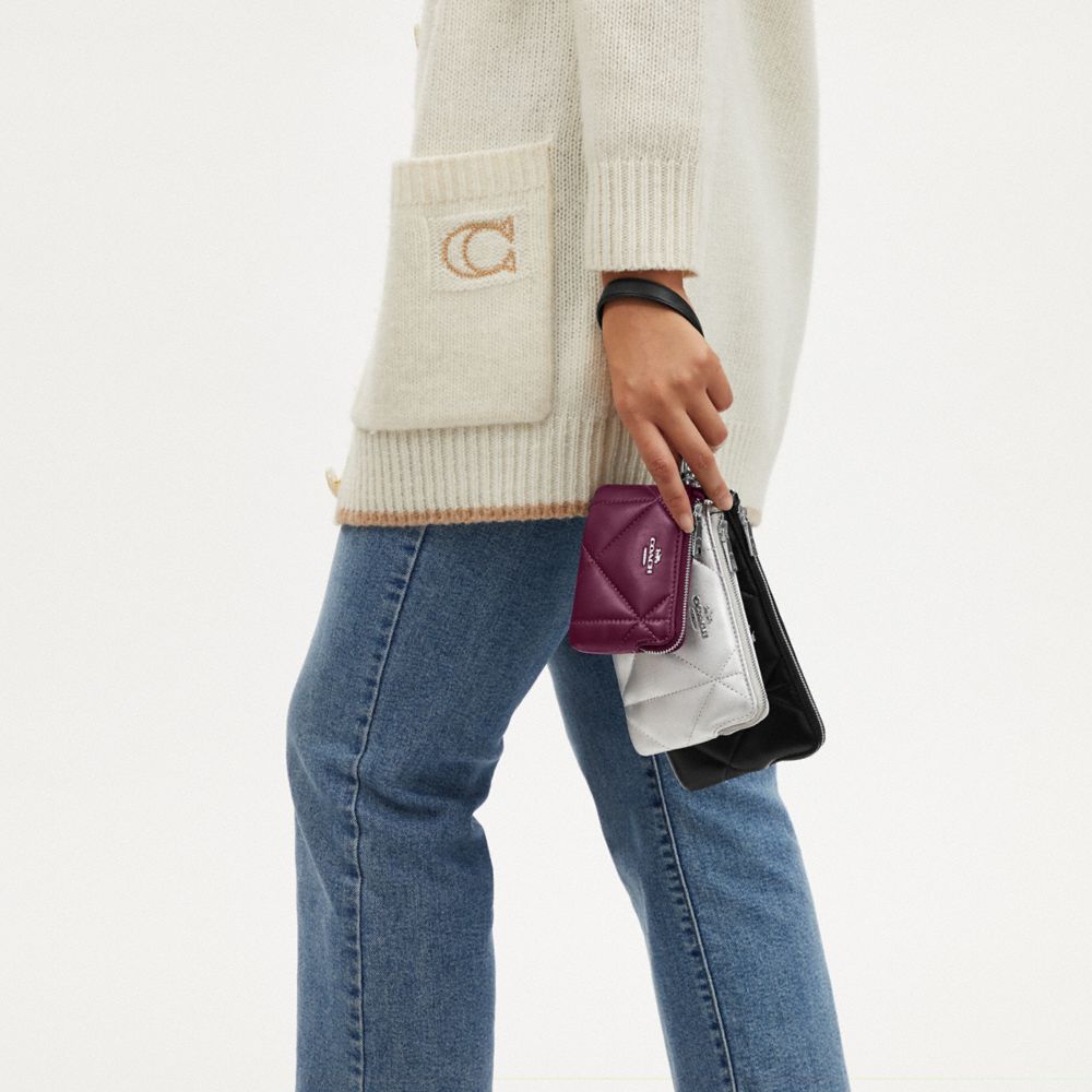 COACH®,Corner Zip Trio With Puffy Diamond Quilting,Leather,Pouch,Coin,Wristlet,Stitching,Silver Metal,Casual,Multi Color,Detail View