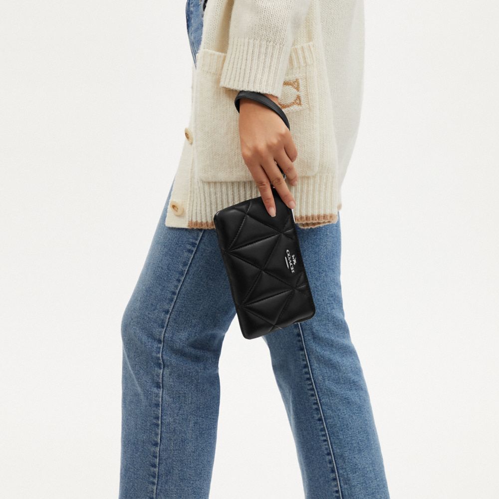 COACH®,Corner Zip Trio With Puffy Diamond Quilting,Leather,Pouch,Coin,Wristlet,Stitching,Silver Metal,Casual,Multi Color,Detail View