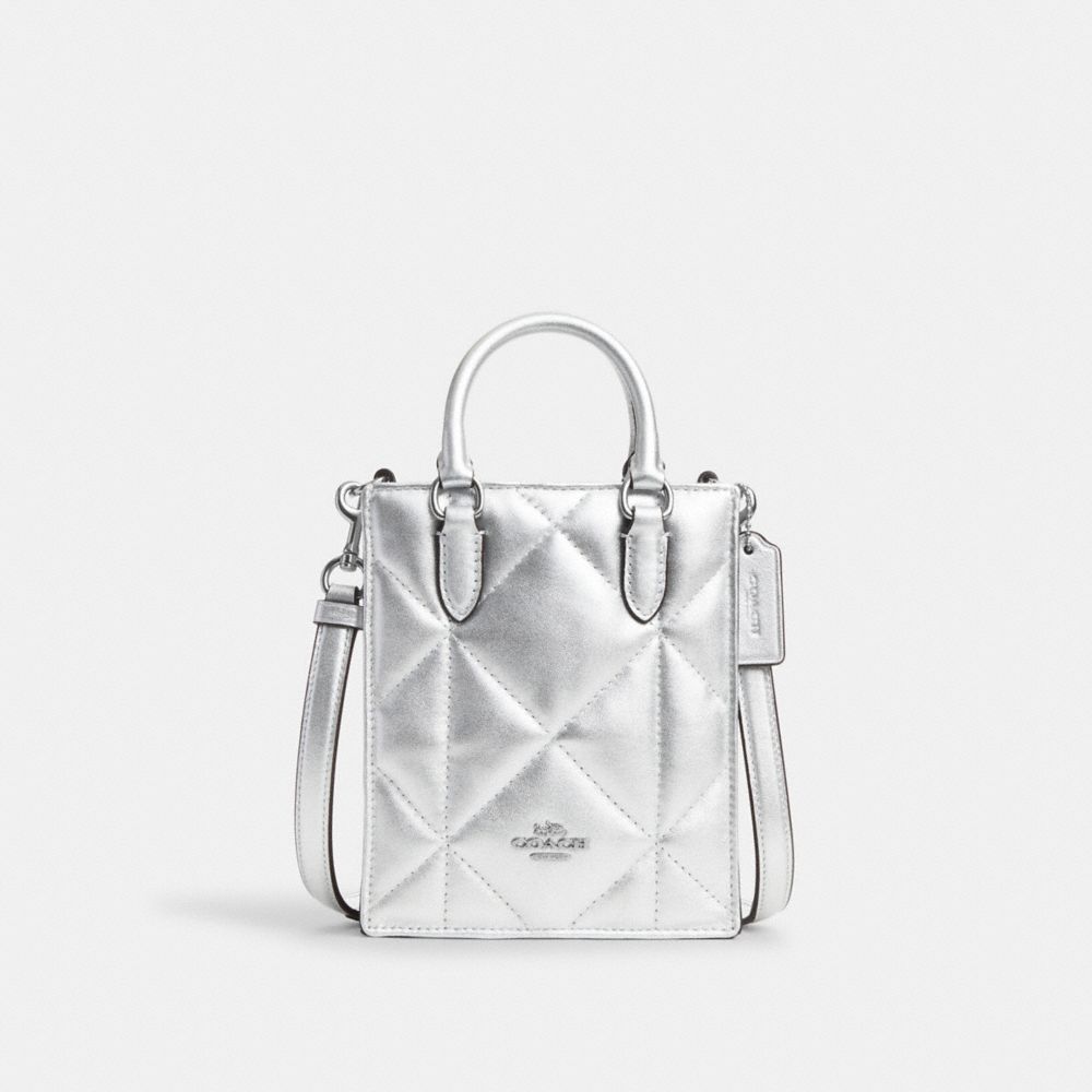 COACH®,NORTH SOUTH MINI TOTE IN SILVER METALLIC WITH PUFFY DIAMOND QUILTING,Novelty Leather,Mini,Silver/Metallic Silver,Front View