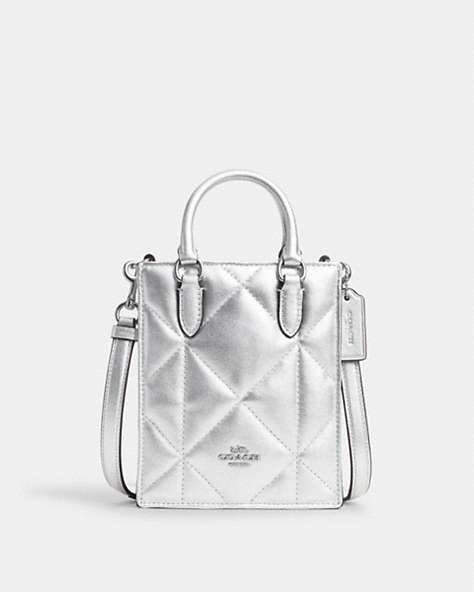 COACH®,NORTH SOUTH MINI TOTE IN SILVER METALLIC WITH PUFFY DIAMOND QUILTING,Leather,Silver/Metallic Silver,Front View