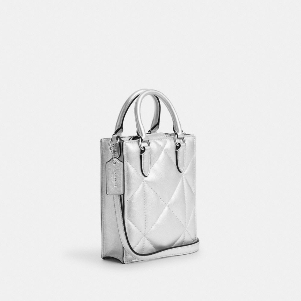 COACH®,NORTH SOUTH MINI TOTE IN SILVER METALLIC WITH PUFFY DIAMOND QUILTING,Novelty Leather,Mini,Silver/Metallic Silver,Angle View