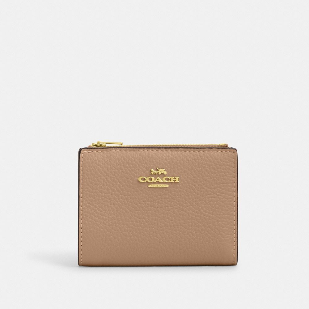 COACH®,BIFOLD WALLET,Pebbled Leather,Gold/Taupe,Front View