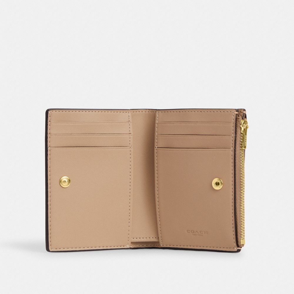 COACH®,BIFOLD WALLET,Pebbled Leather,Gold/Taupe,Inside View,Top View