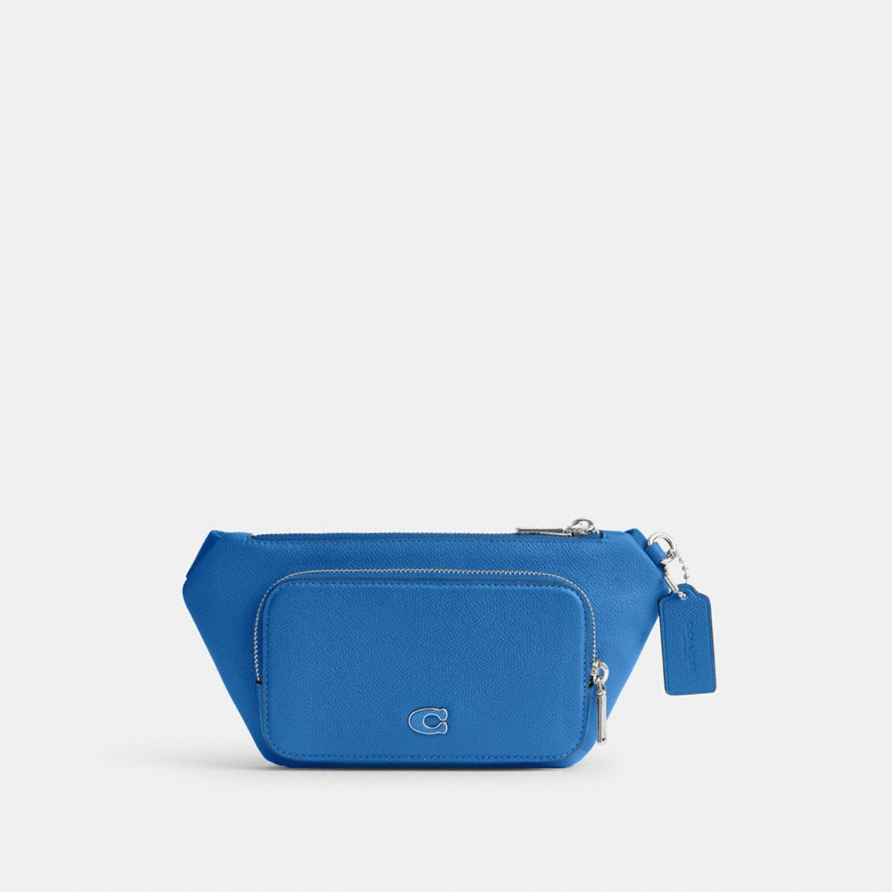 COACH®,BELT BAG WITH SIGNATURE CANVAS INTERIOR DETAIL,Crossgrain Leather,Mini,Blueberry,Front View