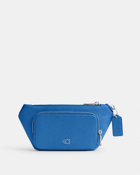 COACH®,BELT BAG WITH SIGNATURE CANVAS INTERIOR DETAIL,Crossgrain Leather,Mini,Blueberry,Front View