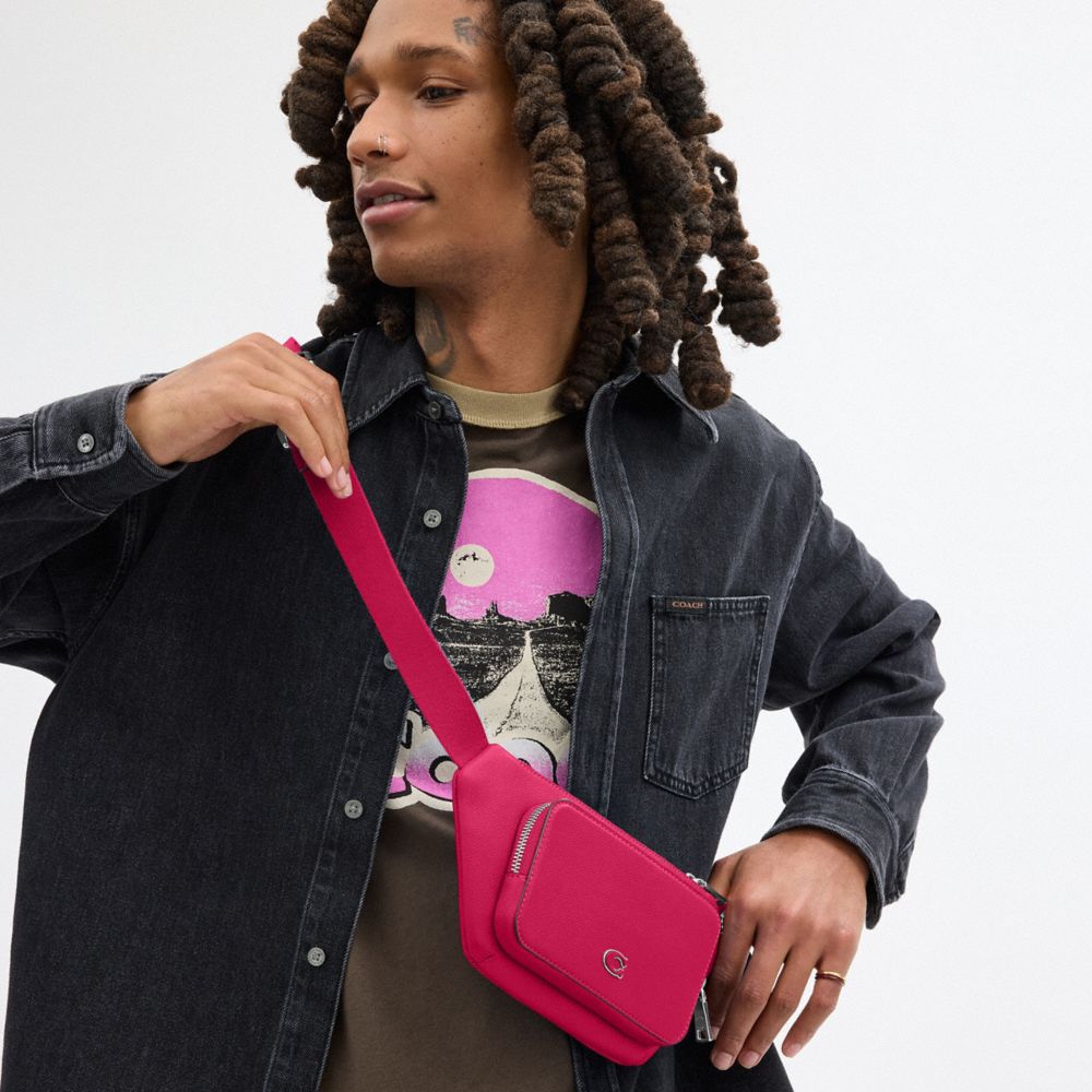 COACH®,Belt Bag With Signature Canvas Interior Detail,Canvas,Leather,Belt Bag,Logo,Scratch Resistant,Casual,Pink,Detail View