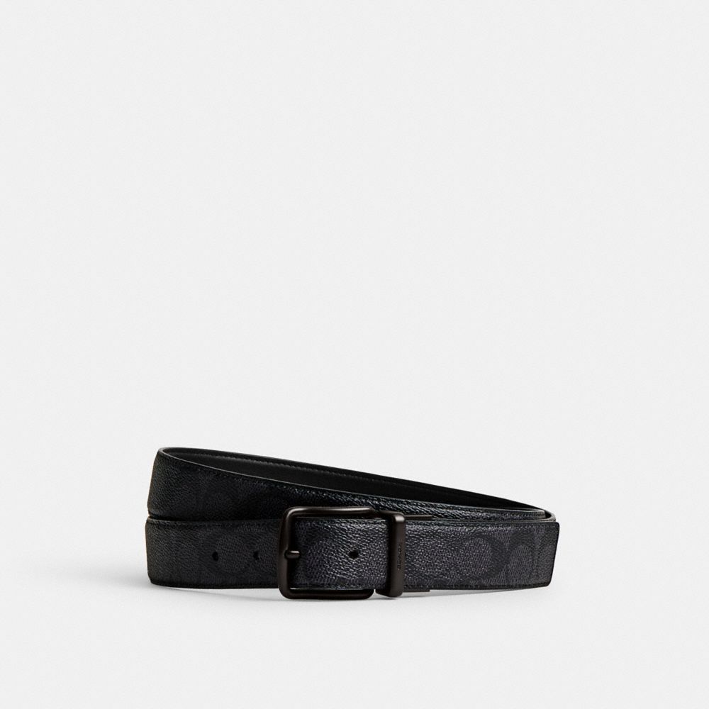 COACH®,HARNESS BUCKLE CUT-TO-SIZE REVERSIBLE BELT, 38MM,Signature Coated Canvas,Charcoal/Black,Front View image number 0