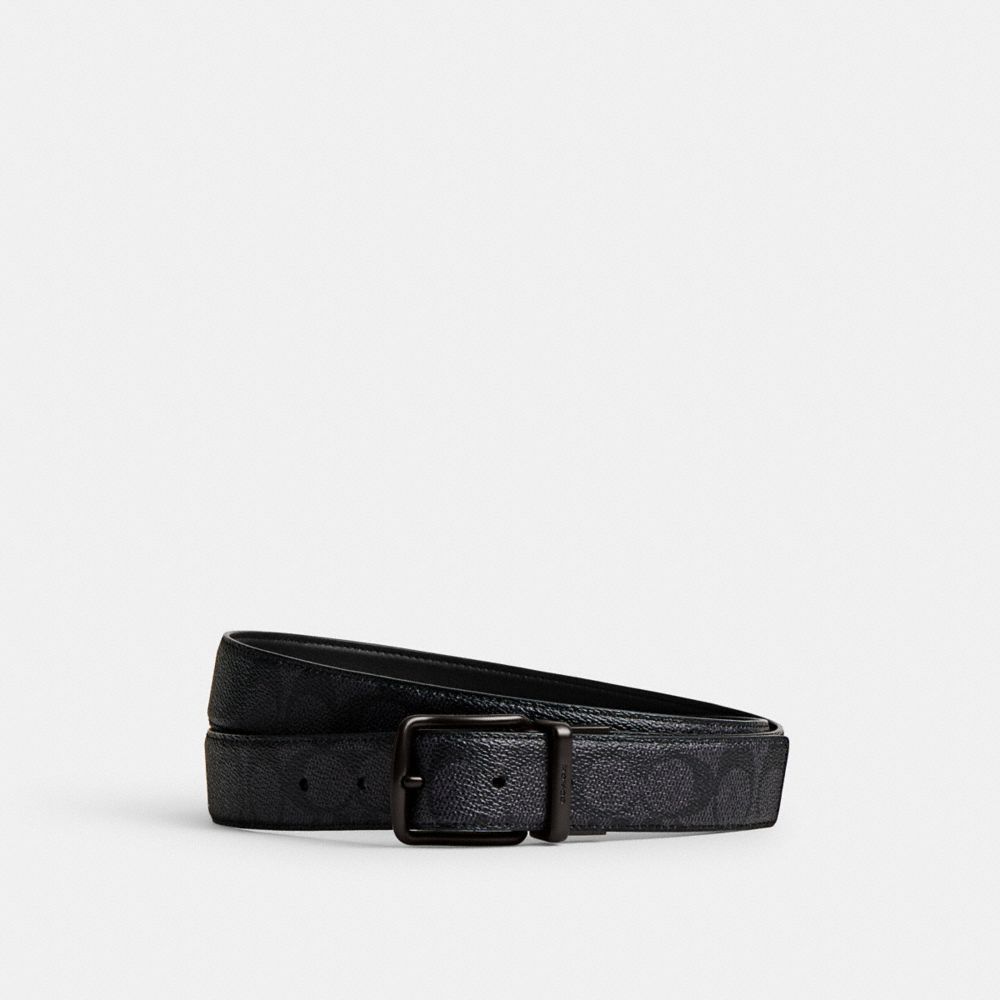 COACH®,HARNESS BUCKLE CUT-TO-SIZE REVERSIBLE BELT, 38MM,Signature Coated Canvas,Charcoal/Black,Front View