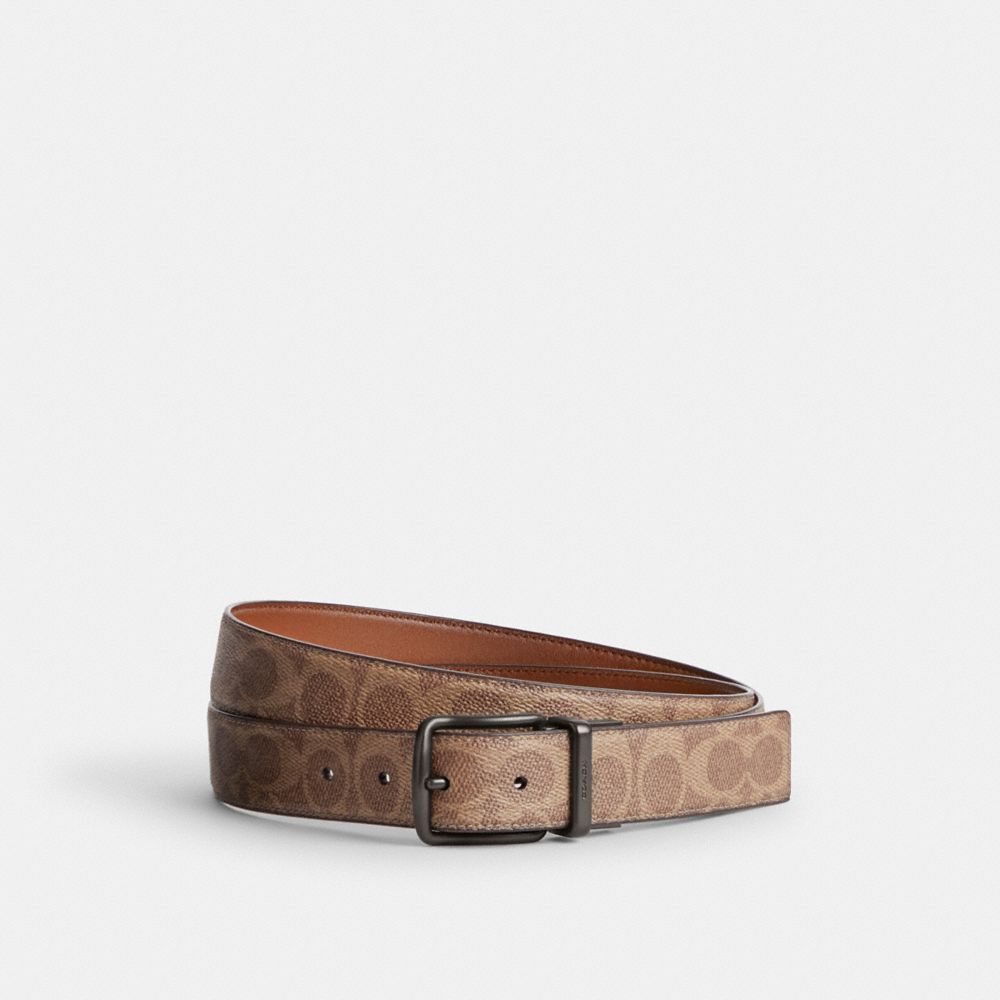 COACH®,HARNESS BUCKLE CUT-TO-SIZE REVERSIBLE BELT, 38MM,Signature Coated Canvas,Tan/Saddle,Front View