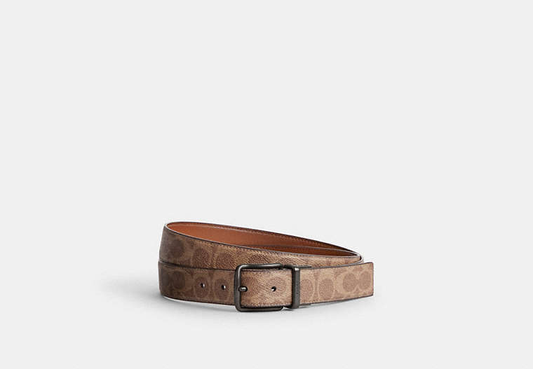 COACH®,HARNESS BUCKLE CUT-TO-SIZE REVERSIBLE BELT, 38MM,Signature Coated Canvas,Tan/Saddle,Front View image number 0