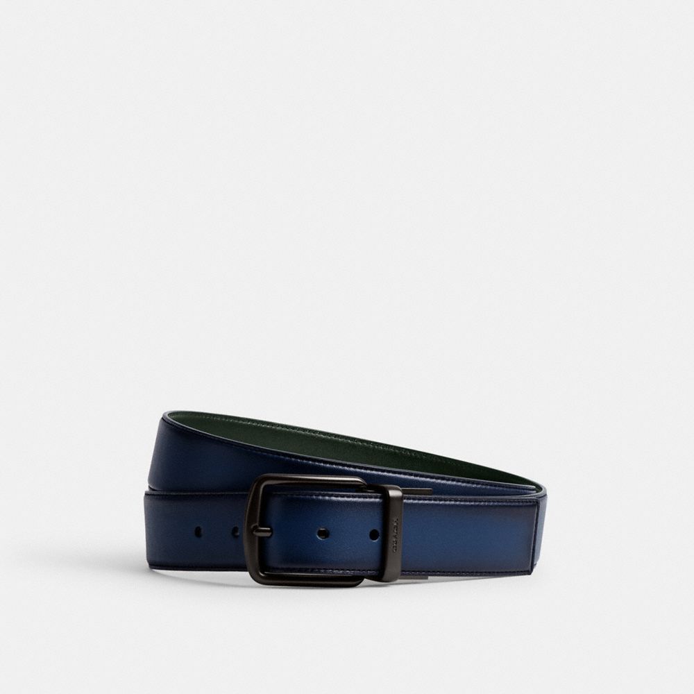 COACH®,HARNESS BUCKLE CUT-TO-SIZE REVERSIBLE BELT, 38MM,Glovetanned Leather,Deep Blue/Amazon Green,Front View