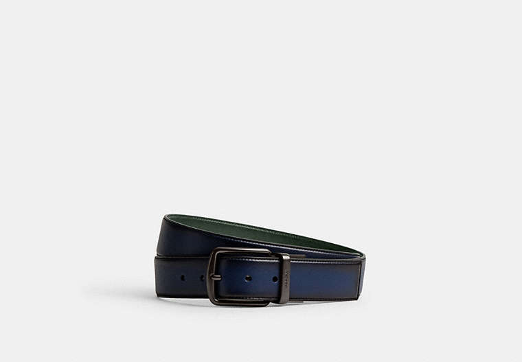 COACH®,HARNESS BUCKLE CUT-TO-SIZE REVERSIBLE BELT, 38MM,Glovetanned Leather,Deep Blue/Amazon Green,Front View