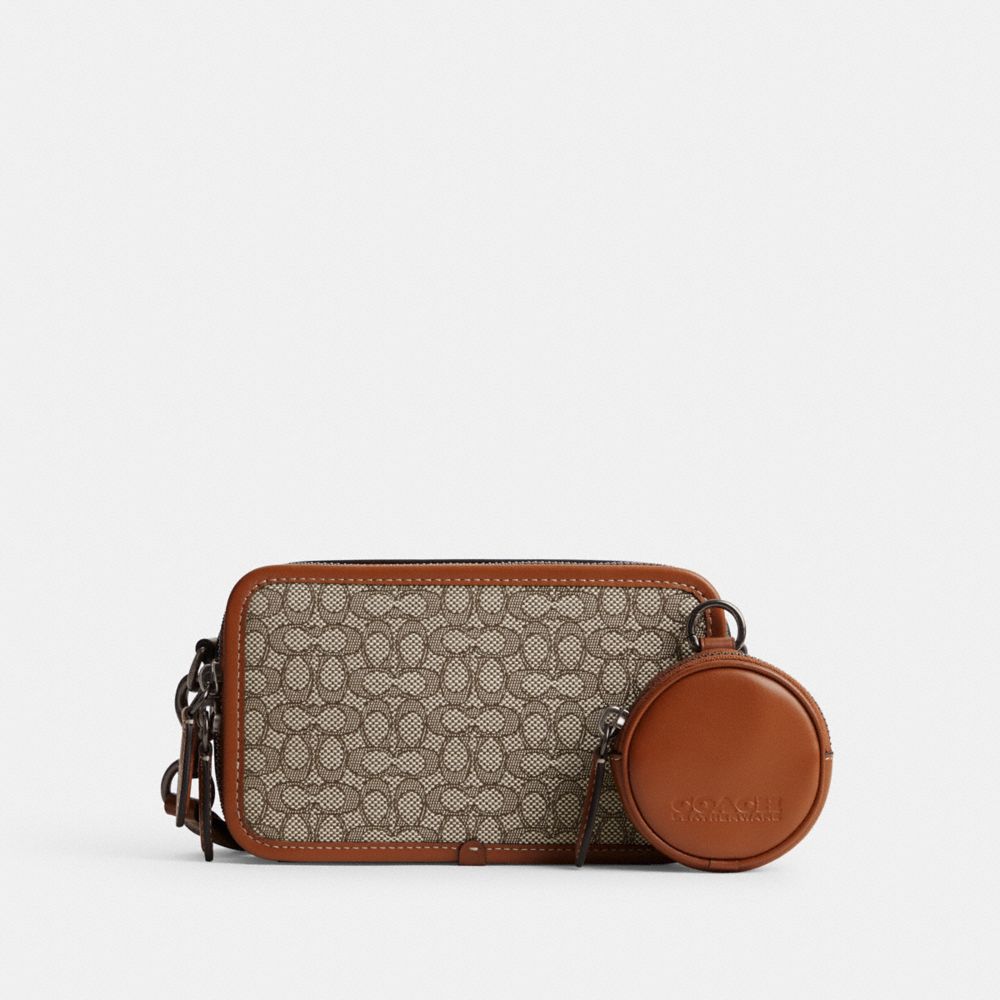 COACH®,CHARTER SLIM CROSSBODY IN MICRO SIGNATURE JACQUARD,Signature Jacquard,Mini,Cocoa/Burnished Amber,Front View