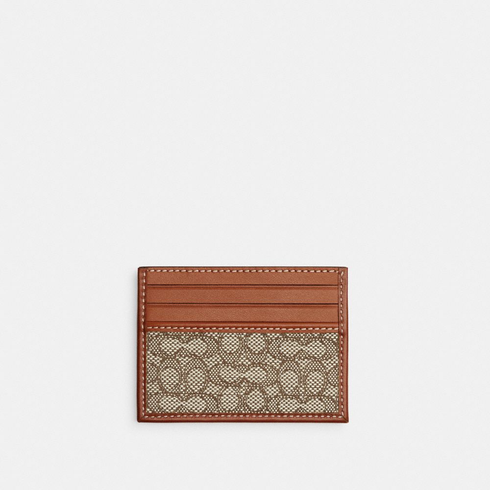 COACH®,CARD CASE IN MICRO SIGNATURE JACQUARD,Signature Jacquard,Cocoa/Burnished Amber,Front View image number 0