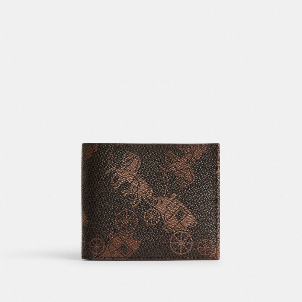 COACH®,DOUBLE BILLFOLD WALLET WITH LARGE HORSE AND CARRIAGE PRINT,Mini,Truffle/Burnished Amber,Front View