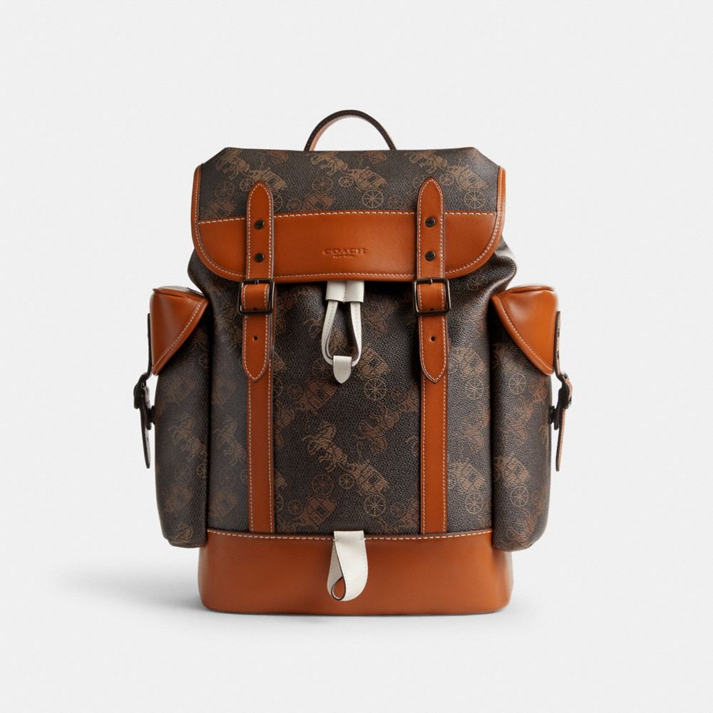 COACH®,HITCH BACKPACK WITH LARGE HORSE AND CARRIAGE PRINT,Printed Coated Canvas,Large,Truffle/Burnished Amber,Front View