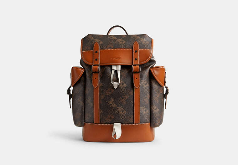 COACH®,HITCH BACKPACK WITH LARGE HORSE AND CARRIAGE PRINT,Printed Coated Canvas,X-Large,Truffle/Burnished Amber,Front View