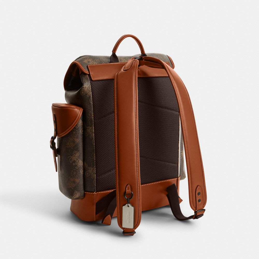 COACH®,HITCH BACKPACK WITH LARGE HORSE AND CARRIAGE PRINT,Printed Coated Canvas,Large,Truffle/Burnished Amber,Angle View