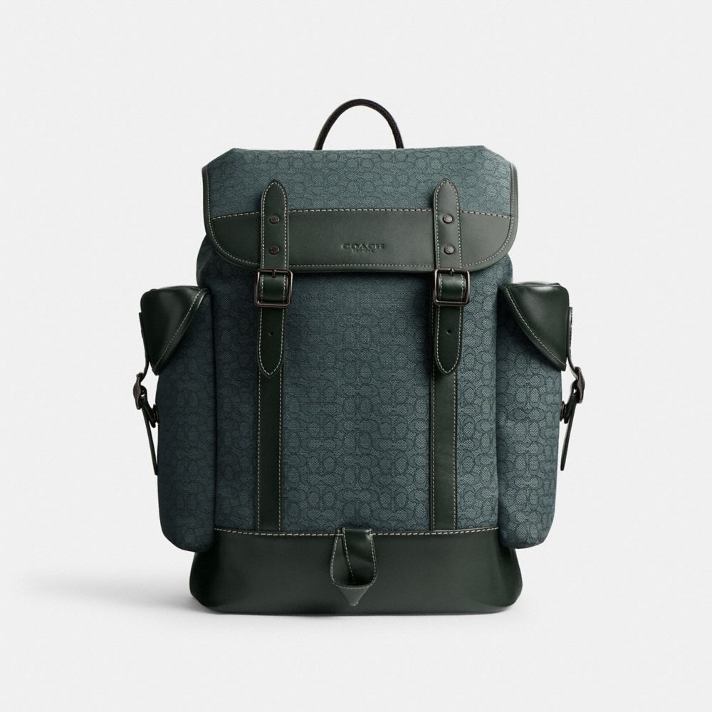 COACH®,HITCH BACKPACK IN MICRO SIGNATURE JACQUARD,Signature Jacquard,Large,Amazon Green,Front View