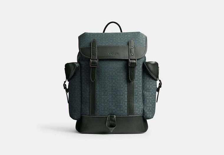 COACH®,HITCH BACKPACK IN MICRO SIGNATURE JACQUARD,Signature Jacquard,Large,Amazon Green,Front View