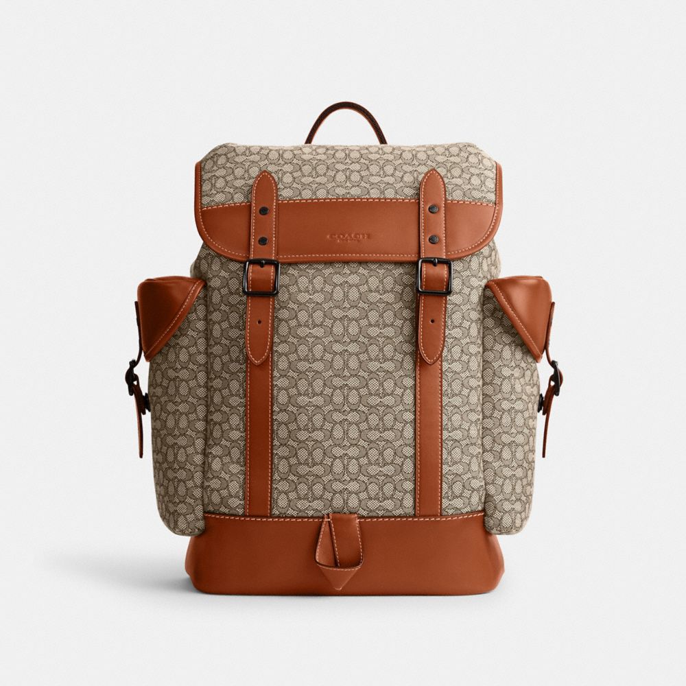 COACH®,HITCH BACKPACK IN MICRO SIGNATURE JACQUARD,Signature Jacquard,Large,Cocoa/Burnished Amber,Front View