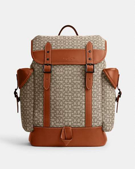 COACH®,HITCH BACKPACK IN MICRO SIGNATURE JACQUARD,Signature Jacquard,X-Large,Cocoa/Burnished Amber,Front View