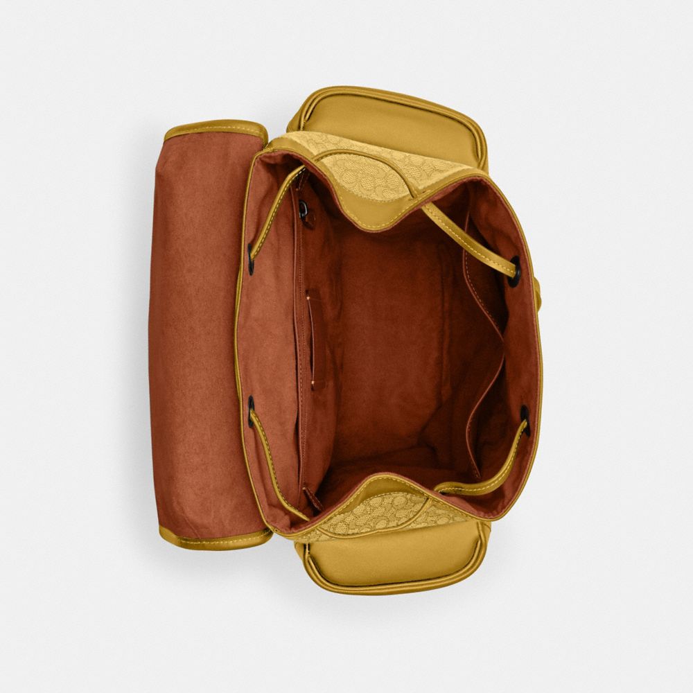 COACH®,Hitch Backpack In Micro Signature Jacquard,Calfskin Leather,Backpack,Embossed,Casual,Mustard,Inside View,Top View