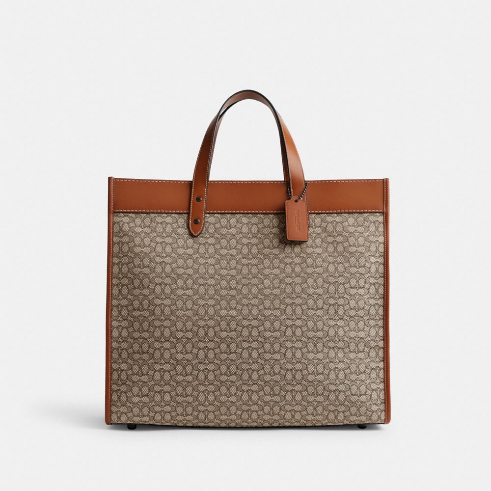COACH®,FIELD TOTE BAG 40 IN MICRO SIGNATURE JACQUARD,Signature Jacquard,X-Large,Cocoa/Burnished Amber,Front View image number 0