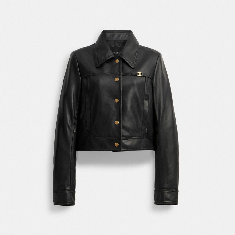 COACH®,HERITAGE C SNAP FRONT SHRUNKEN JACKET,Leather,The Leather Shop,Black,Front View
