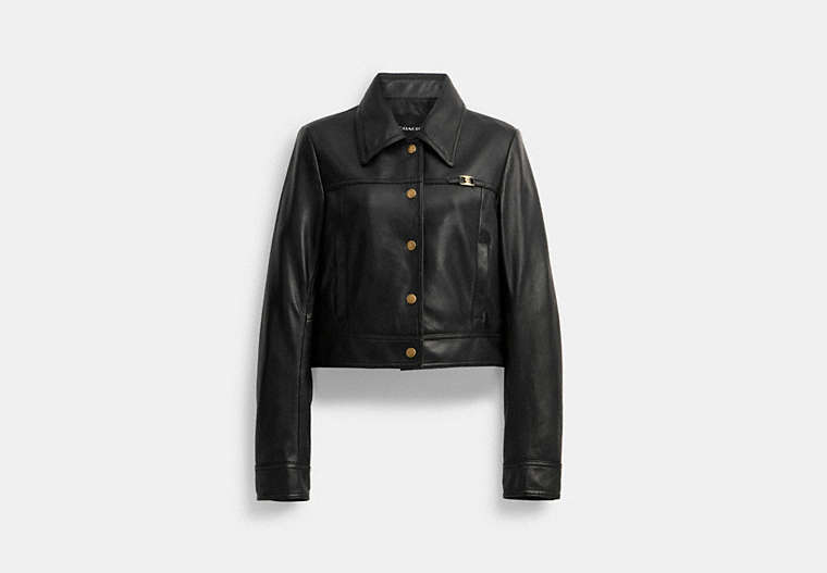 COACH®,SNAP FRONT SHRUNKEN JACKET,Leather,Black,Front View image number 0