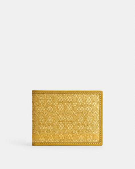 COACH®,SLIM BILLFOLD WALLET IN MICRO SIGNATURE JACQUARD,Signature Jacquard,Yellow/Flax,Front View