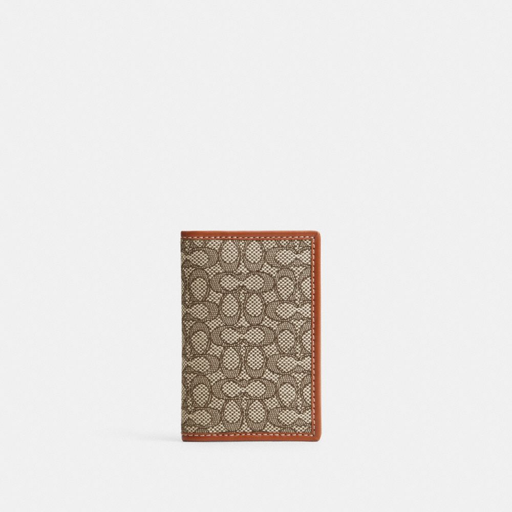 COACH®,CARD WALLET IN MICRO SIGNATURE JACQUARD,Mini,Cocoa/Burnished Amber,Front View