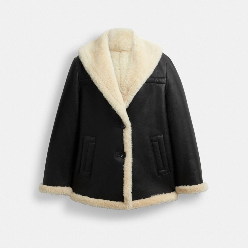 Shop Coach Outlet Shawl Collar Shearling Coat In Black