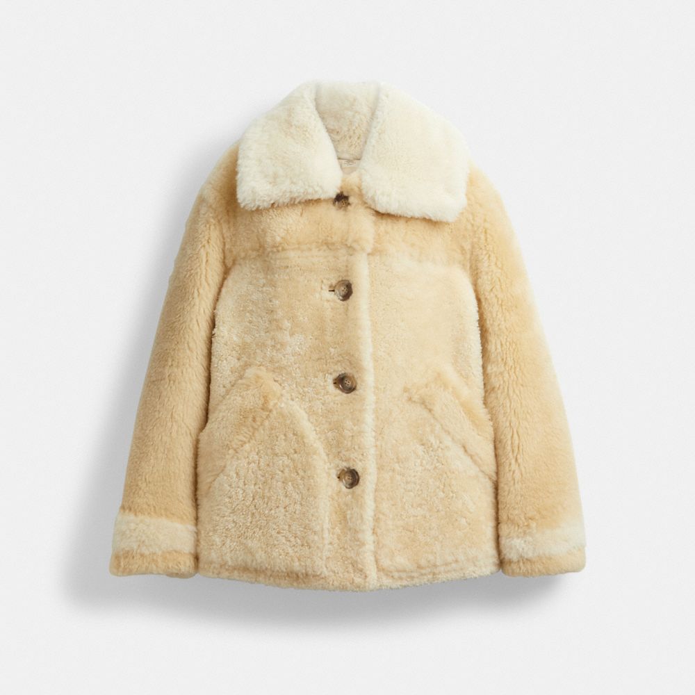 COACH®,ALL OVER COLORBLOCK SHEARLING COAT,Ivory Multi,Front View