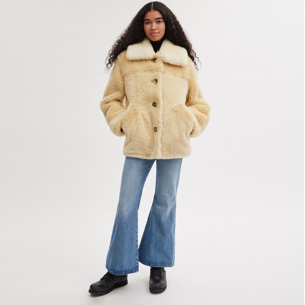 COACH®,ALL OVER COLORBLOCK SHEARLING COAT,Ivory Multi,Scale View