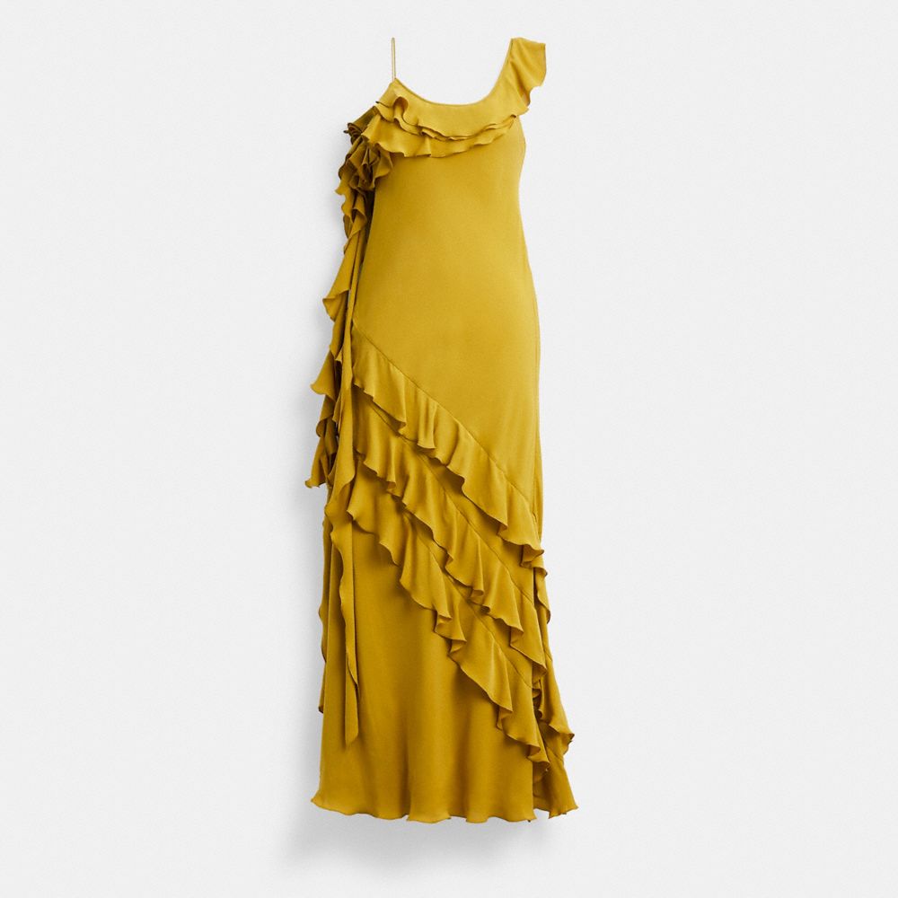 COACH®,BIAS DRESS WITH RUFFLE NECKLINE,Dark Yellow,Front View