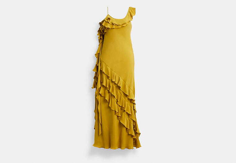 COACH®,BIAS DRESS WITH RUFFLE NECKLINE,Silk,Dark Yellow,Front View