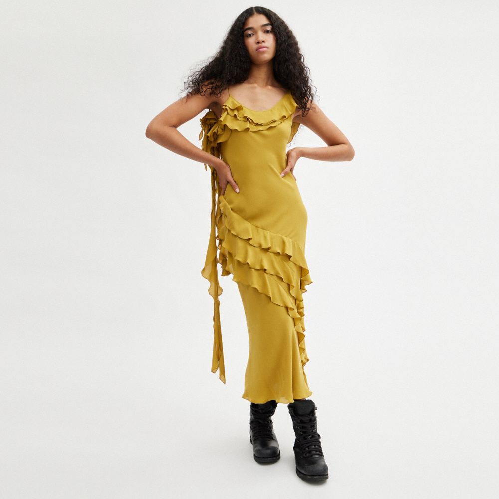 COACH®,BIAS DRESS WITH RUFFLE NECKLINE,Dark Yellow,Scale View