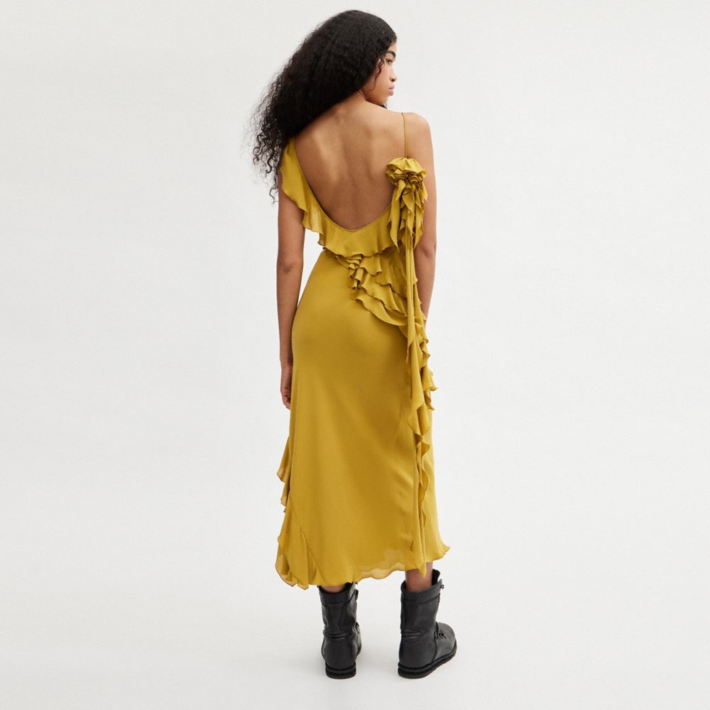 COACH®,BIAS DRESS WITH RUFFLE NECKLINE,Dark Yellow,Scale View
