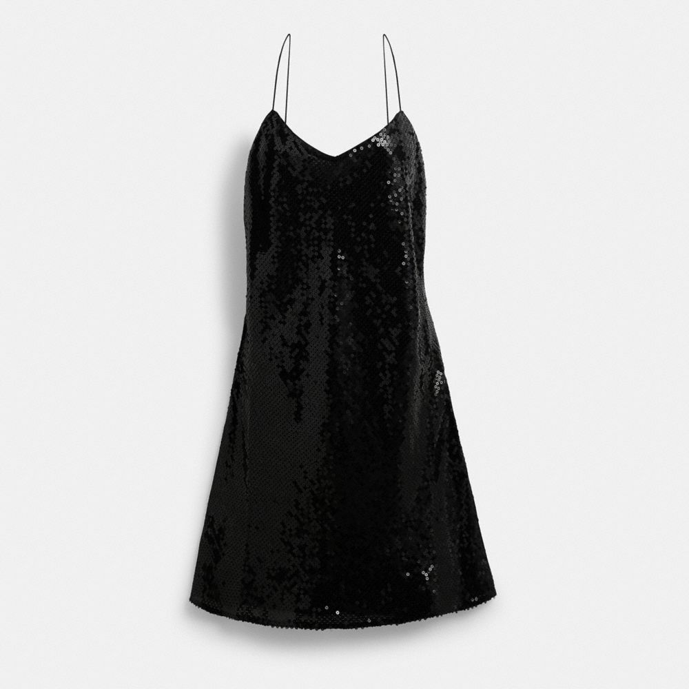 COACH®,SEQUIN SHORT CAMI DRESS,Black,Front View