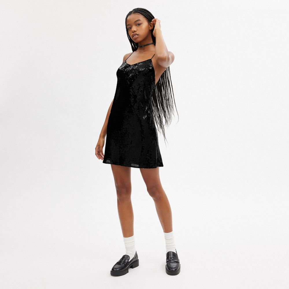 COACH®,SEQUIN SHORT CAMI DRESS,Black,Scale View